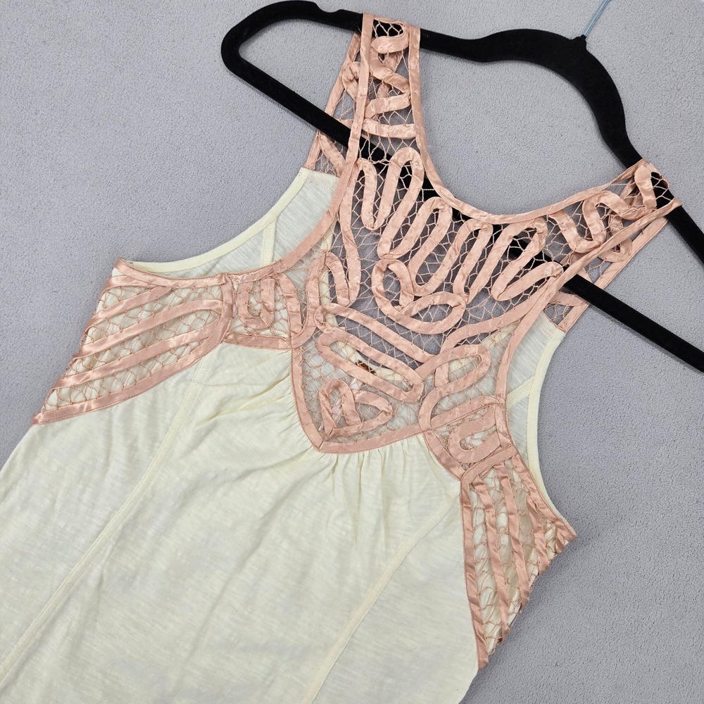Free People MEDIUM Tank Top Womens Boho Crochet‎ Satin Lattice Cream Rose Gold